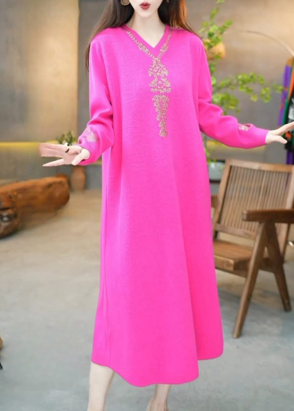 Beautiful Rose V Neck Zircon Knit Long Dress Winter Online now