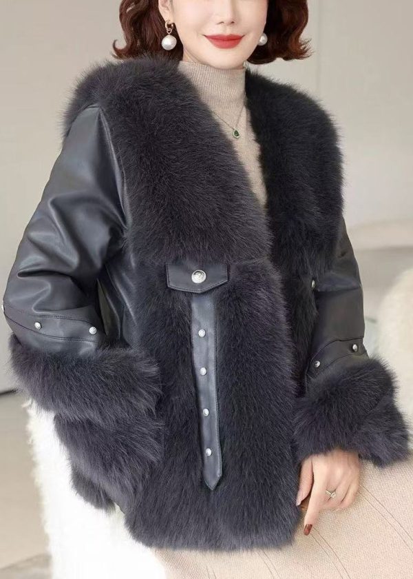 Black Pockets Patchwork Mink Velvet Coats V Neck Winter For Discount