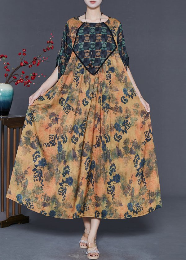Khaki Print Silk Holiday Dress Oversized Spring Hot on Sale