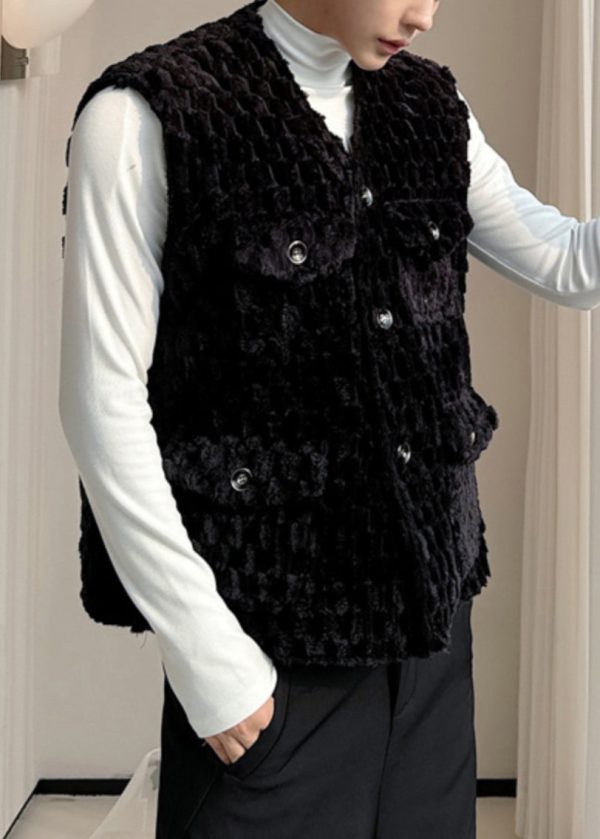 Classy Black V Neck Pockets Velour Men Waistcoat Sleeveless Discount - Image 5
