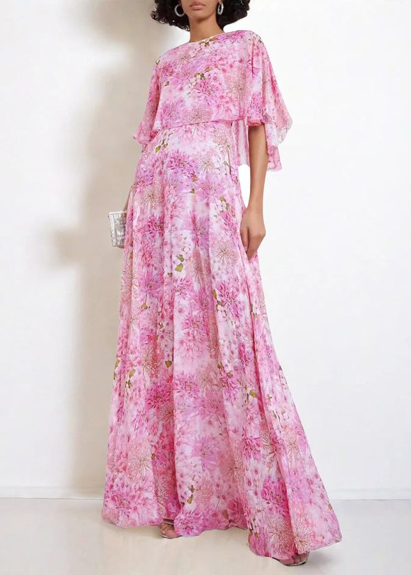 Bohemian Pink O Neck Print Chiffon Maxi Dresses Butterfly Sleeve Online