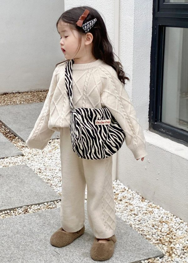 Simple Beige O-Neck Kids Knitted Cotton Sweaters And Pants Two Pieces Set Spring Online now - Image 3