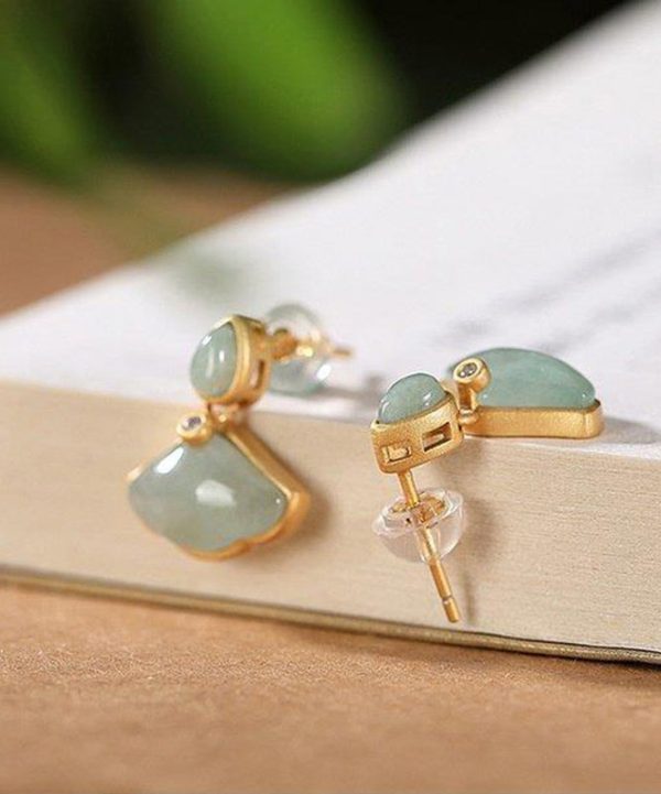 Original Design Cyan Sterling Silver Overgild Zircon Jade Ginkgo Leaf Stud Earrings Sale - Image 5
