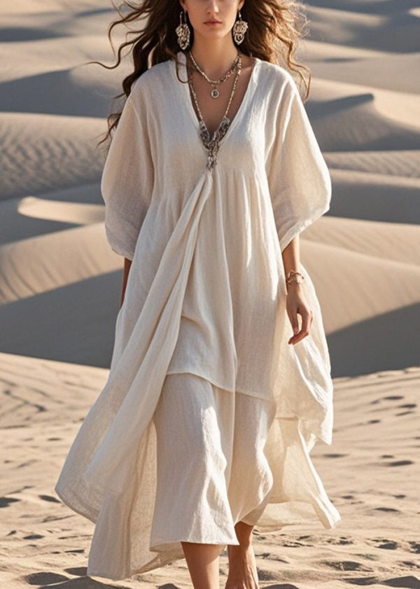 White Cotton Maxi Dresses Asymmetrical Bracelet Sleeve Online Hot Sale