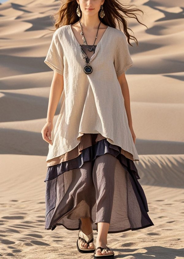 Casual Apricot Oversized Patchwork Cotton Fake Two Piece Dress Summer For Discount - Image 3