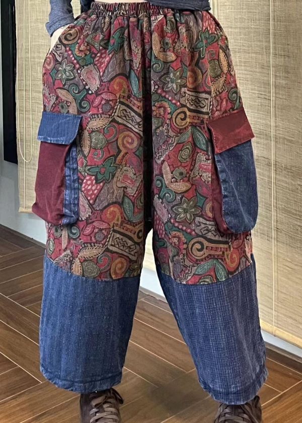 Boho Pockets Print Patchwork Elastic Waist Cotton Crop Pants Spring on Sale