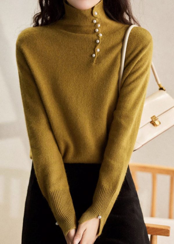 Chic Blue Turtleneck Pearl Patchwork Cozy Cotton Knit Sweater Spring Cheap - Image 2