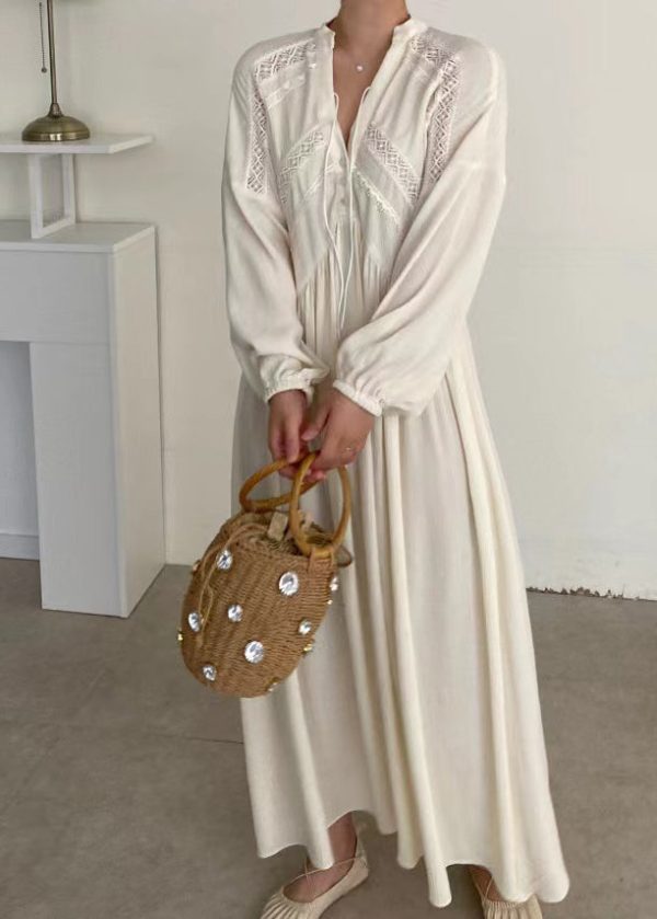 Modern White V Neck Patchwork Lace Maxi Dresses Spring Fashion - Image 2