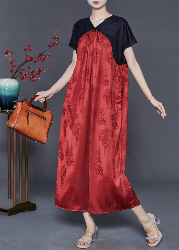 Boho Red V Neck Patchwork Silk Dresses Summer Fashion