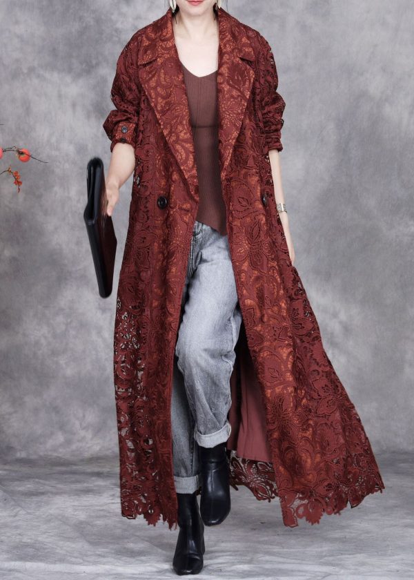 Italian Caramel Hollow Out Tie Waist Lace Long Trench Coat Spring Online