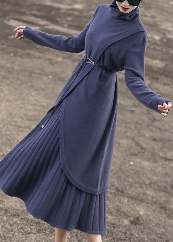 New Blue Turtleneck Tops And Skirts Wool Knit Two-Piece Set Winter Online now - Image 4