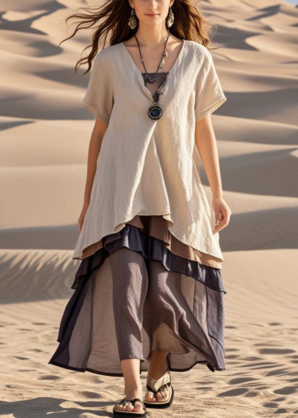 Casual Apricot Oversized Patchwork Cotton Fake Two Piece Dress Summer For Discount - Image 5