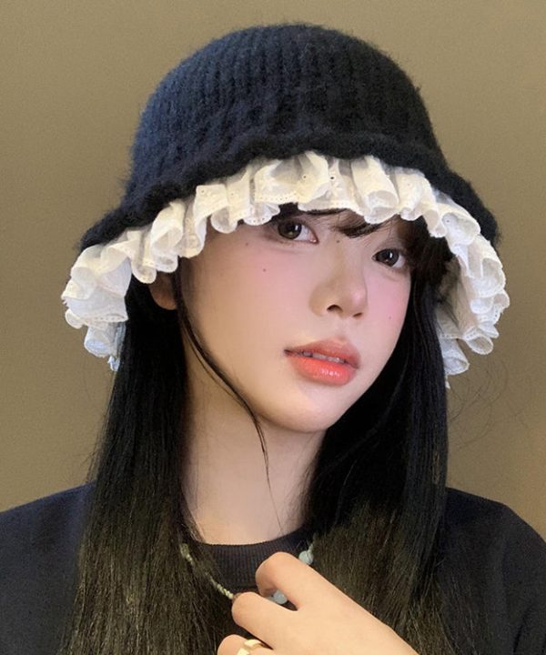Fashion Black Lace Patchwork Knit Bucket Hat Fashion - Image 4