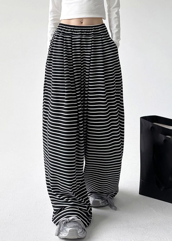 Natural Black White Striped Pockets Elastic Waist Wide Leg Pants Spring Online - Image 2