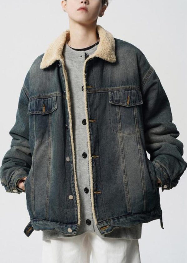 Vintage Denim Blue Peter Pan Collar Pockets Warm Fleece Mens Parka Winter Cheap - Image 2