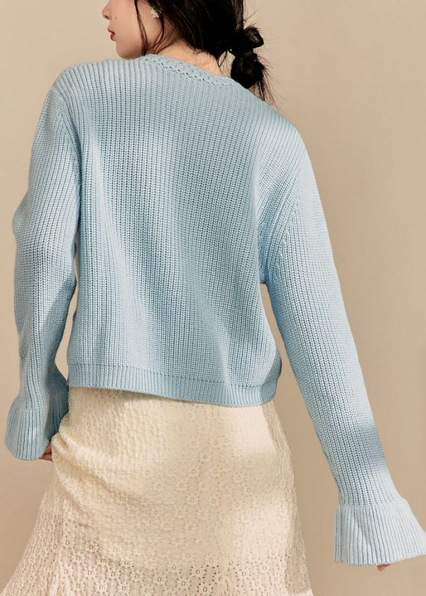 French Blue Button Hollow Out Knit Sweaters Flare Sleeve Online - Image 5