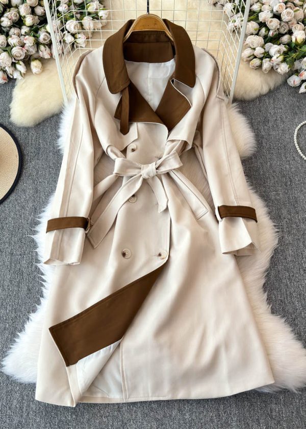 Boho Beige Notched Pockets Button Tie Waist Long Trench Coats Spring Online Hot Sale