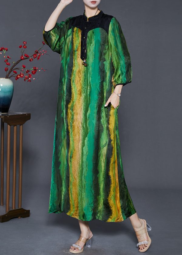 Beautiful Green Mandarin Collar Tie Dye Silk Vacation Dresses Bracelet Sleeve on Sale - Image 2