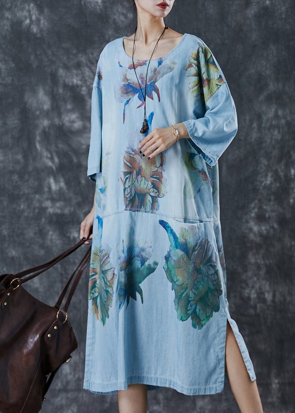 Stylish Blue Oversized Print Denim Robe Dresses Spring Online