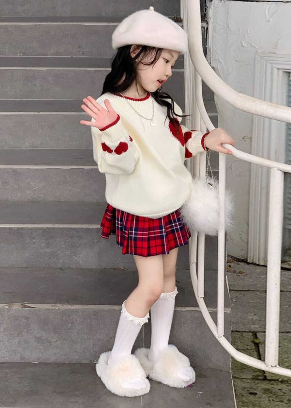 Lovely Red Patchwork Kids Cotton Knit Sweaters And Skirts Two Piece Set Spring Supply - Image 5