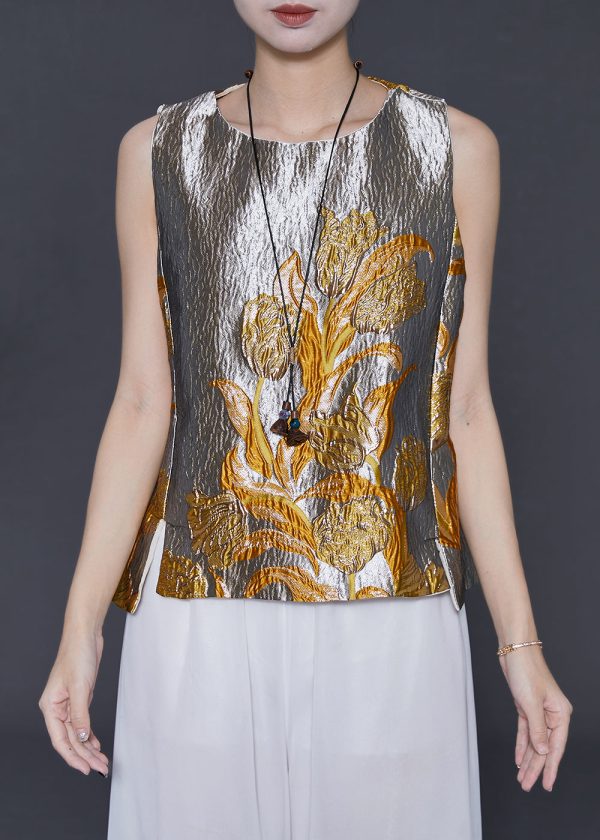 Elegant Silvery Jacquard Silm Fit Vests Spring Online now - Image 2