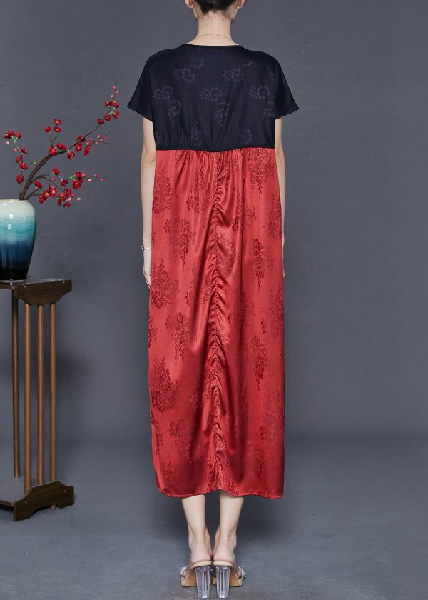 Boho Red V Neck Patchwork Silk Dresses Summer Fashion - Image 4