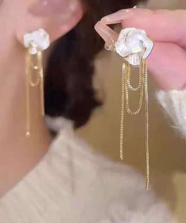 Fashion Black Sterling Silver Overgild Camellia Tassel Drop Earrings For Sale - Image 5
