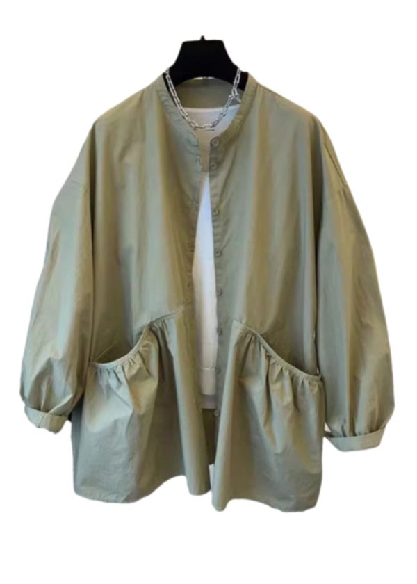 Original Design Green Pockets Button Cotton Coat Spring Online Sale - Image 5