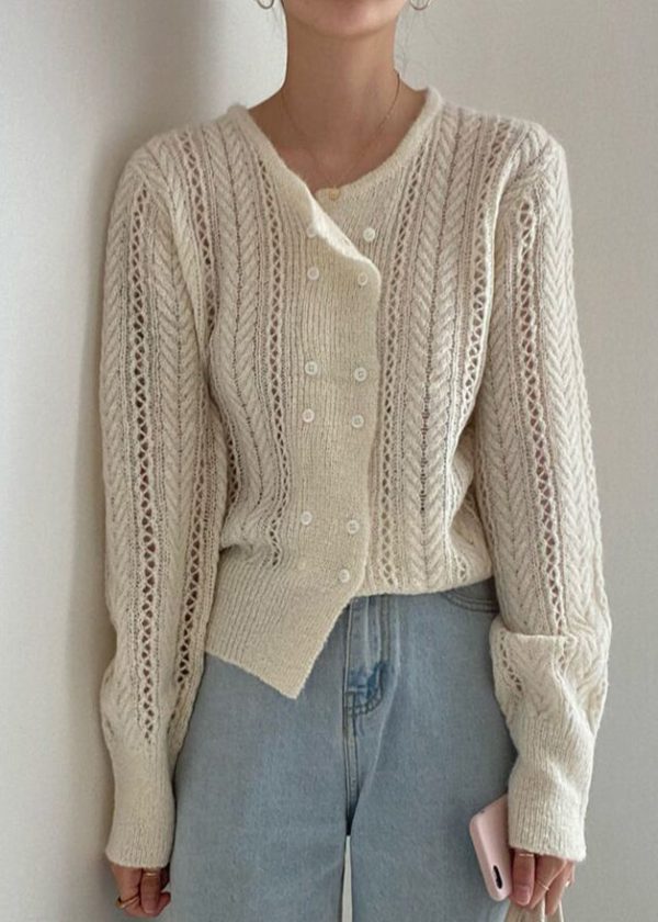 French Beige Double Breast Hollow Out Knit Top Spring Cheap