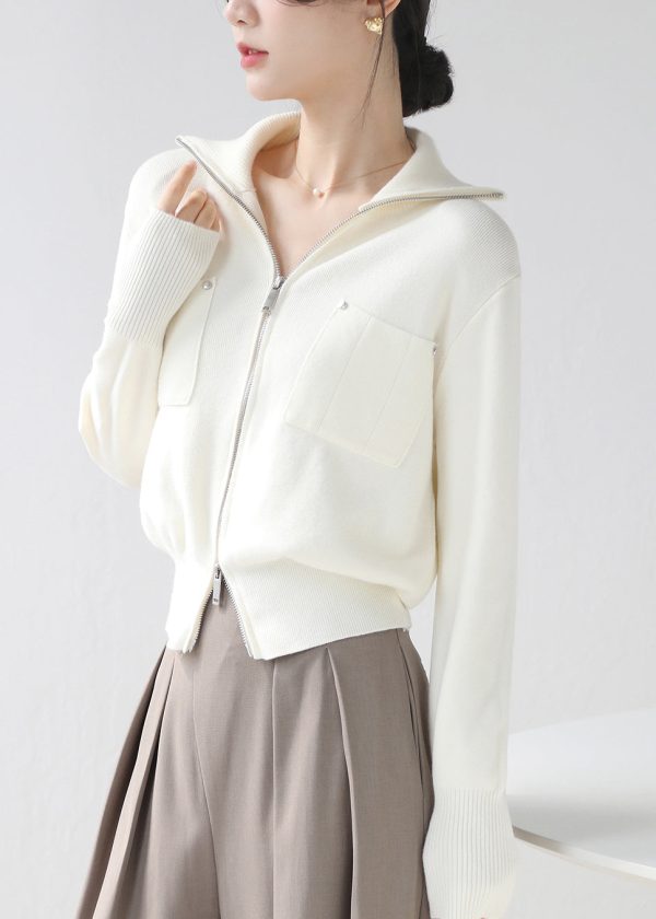 Beige Cozy Patchwork Knit Short Coat Zip Up Pockets Winter on Sale - Image 2