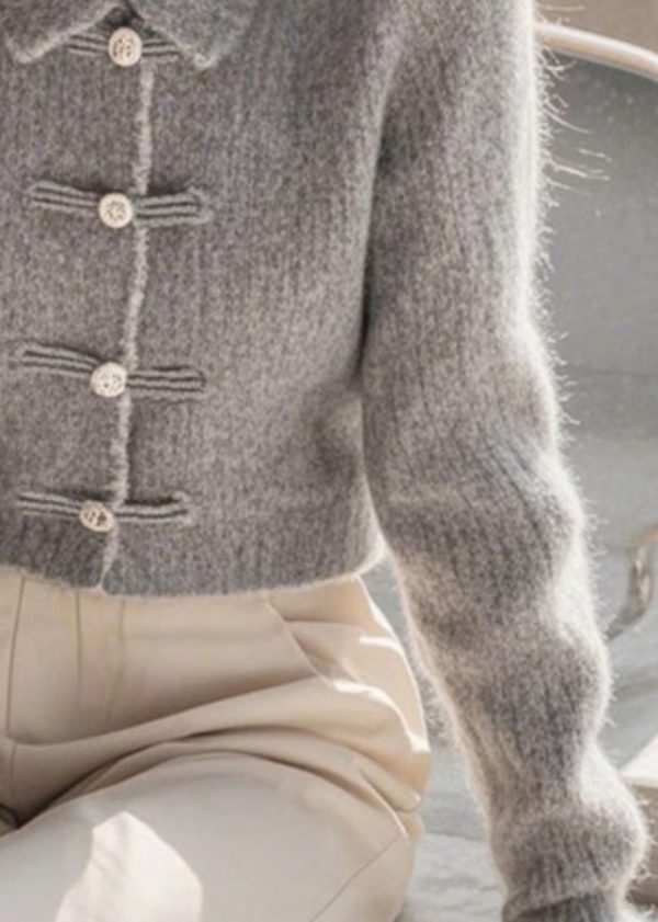 Stylish Grey Peter Pan Collar Button Knit Sweaters Spring For Discount - Image 4