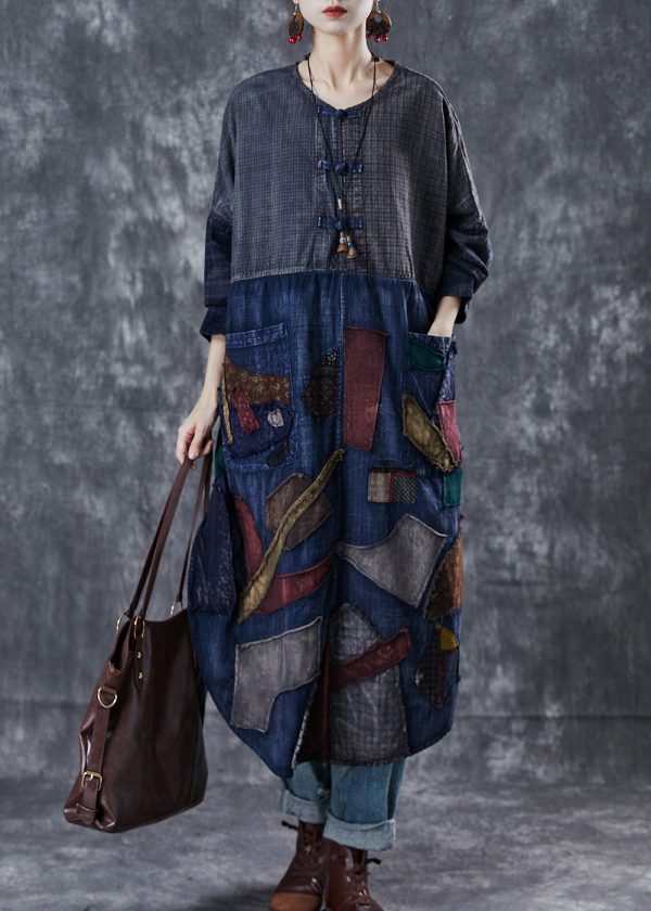 Handmade Navy Patchwork Applique Denim Holiday Dress Spring Fashion - Image 2
