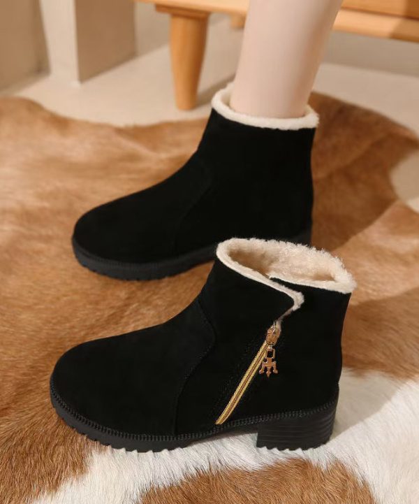 Black Zippered Splicing Chunky Boots Fuzzy Wool Lined Online