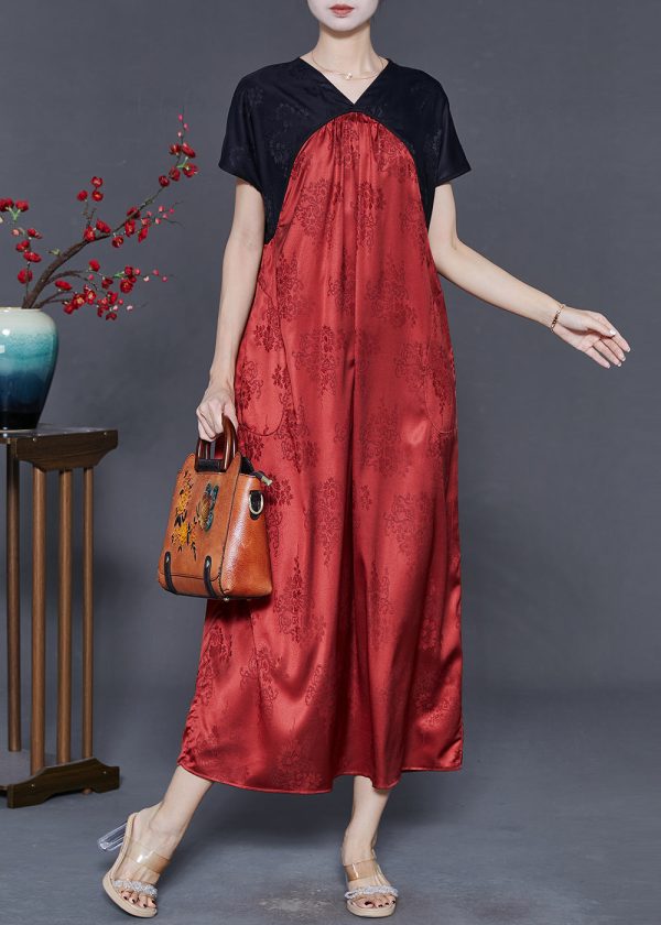 Boho Red V Neck Patchwork Silk Dresses Summer Fashion - Image 2