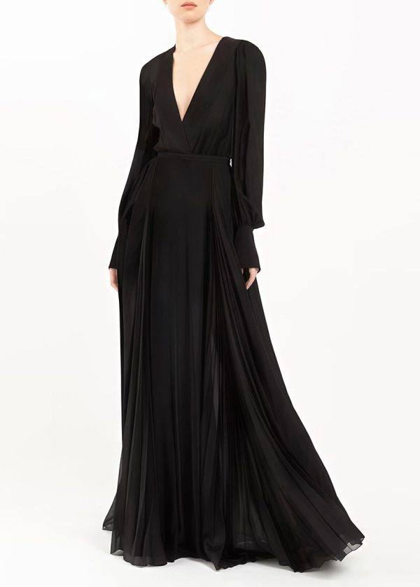 Art Black V Neck Slim Fit Silk Long Dress Spring Hot on Sale - Image 2