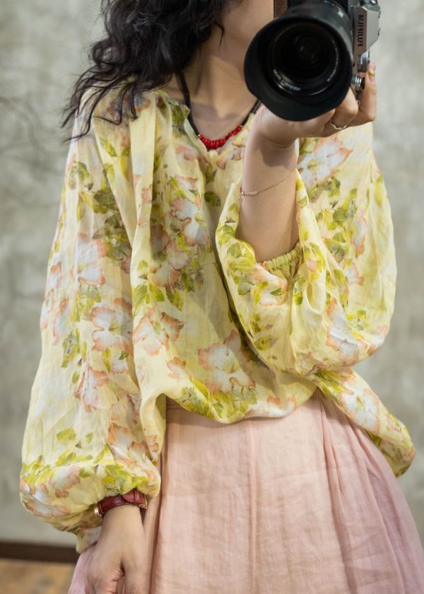 Women Yellow O Neck Print Linen Shirt Tops Lantern Sleeve For Cheap