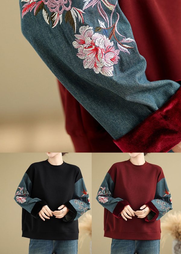 Loose Rust O Neck Embroidered Patchwork Cotton Tops Spring Discount - Image 5