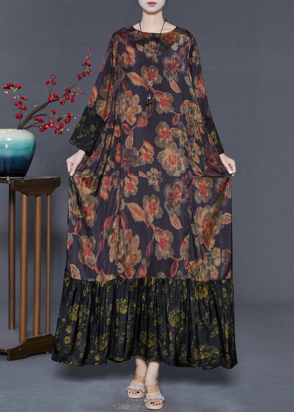 Plus Size Black Oversized Patchwork Print Silk Maxi Dresses Flare Sleeve For Cheap