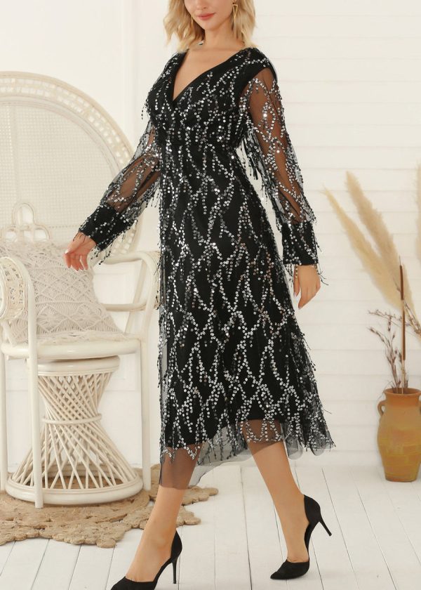 Black Sequins Lace Up Tulle Long Dress V Neck Spring Fashion - Image 3