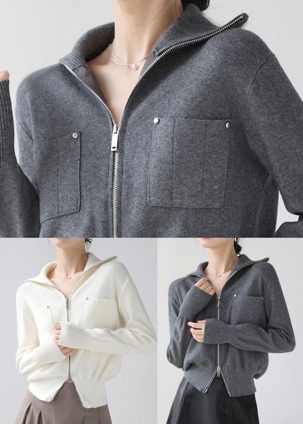 Beige Cozy Patchwork Knit Short Coat Zip Up Pockets Winter on Sale - Image 5