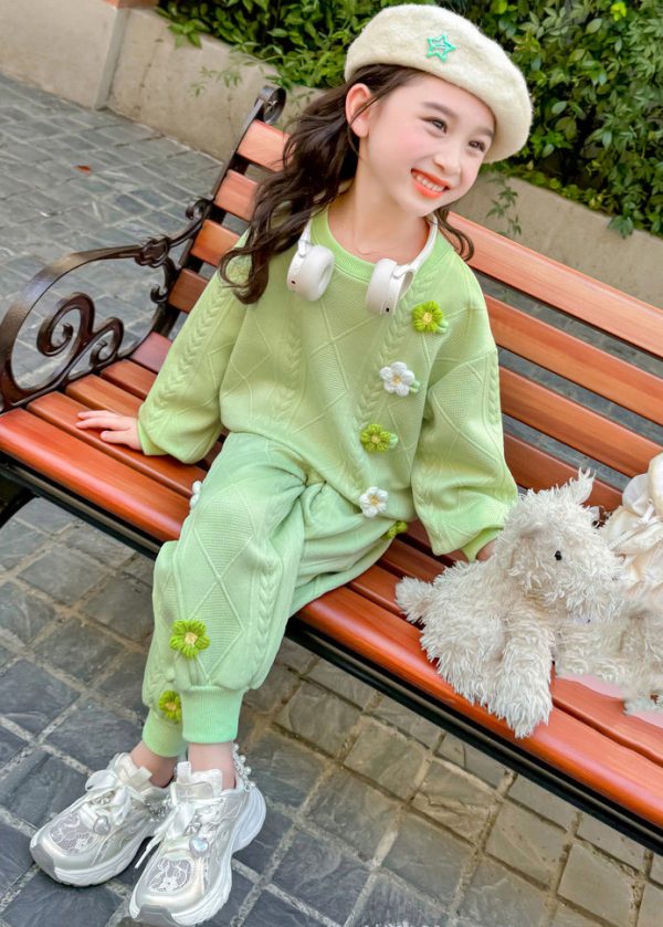 Cute Green Floral Plaid Girls Top And Harem Pants Two Piece Set Clothing Spring Online - Image 2