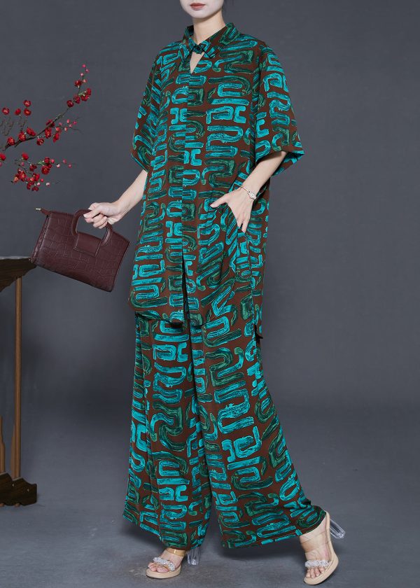 Art Blackish Green Oversized Print Chiffon Two Pieces Set Summer For Cheap