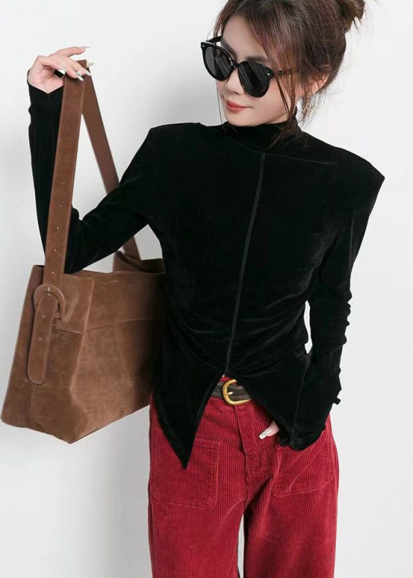 Style Brown Stand Collar Side Open Velour Tops Spring Online now - Image 3