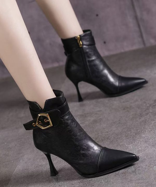 Khaki Boots High Heel Faux Leather Women Splicing Cheap - Image 2