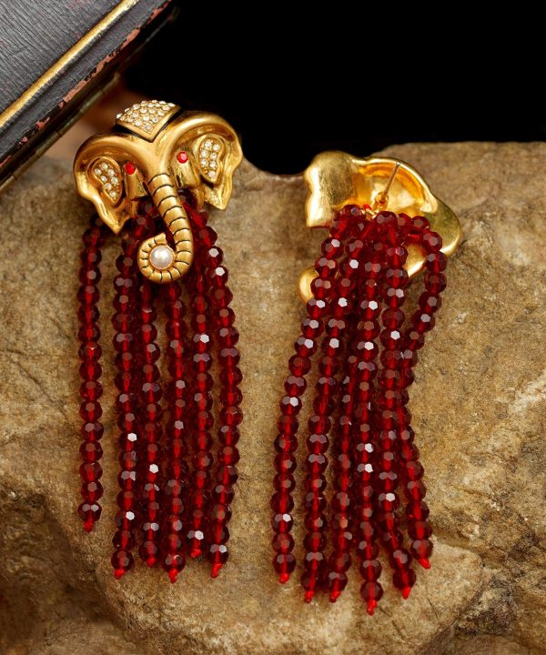 Casual Red Copper 14K Gold Elephant Pearl Tassel Drop Earrings Online now - Image 4