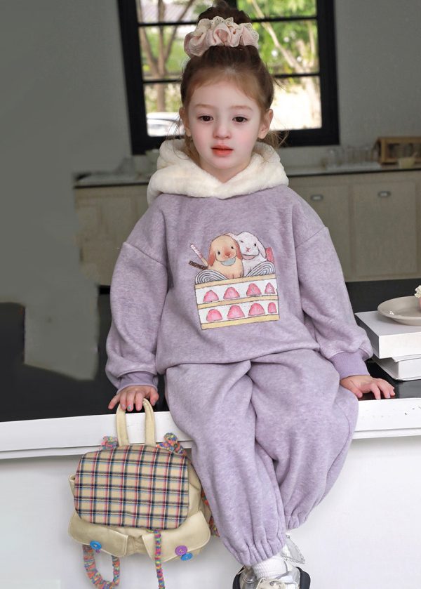 Stylish Purple Patchwork Thick Girls Hooded Sweatshirt And Pants Two Pieces Set Spring Discount