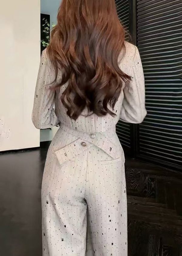 Stylish Grey Notched Print Top And Wide Leg Pants Two Pieces Set Spring For Discount - Image 5