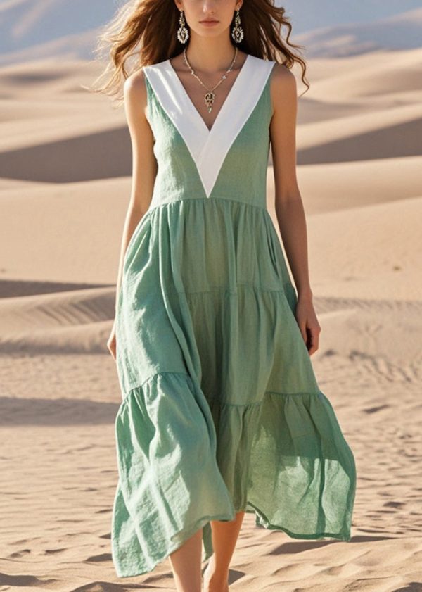 Style Green V Neck Patchwork Cotton Holiday Dress Sleeveless For Sale - Image 3