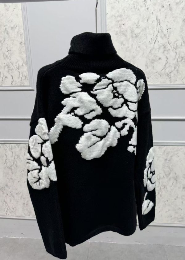 Jacquard Black Turtleneck Floral Wool Knit Sweaters Winter For Cheap - Image 5