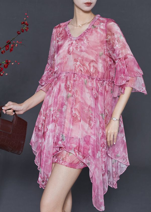 Beautiful Rose Asymmetrical Print Chiffon Mini Dress Two Piece Set Summer Online now